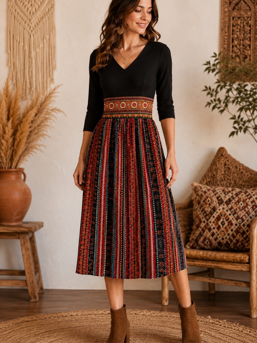 Vicky & Lucas Boho Folk Midi Dress